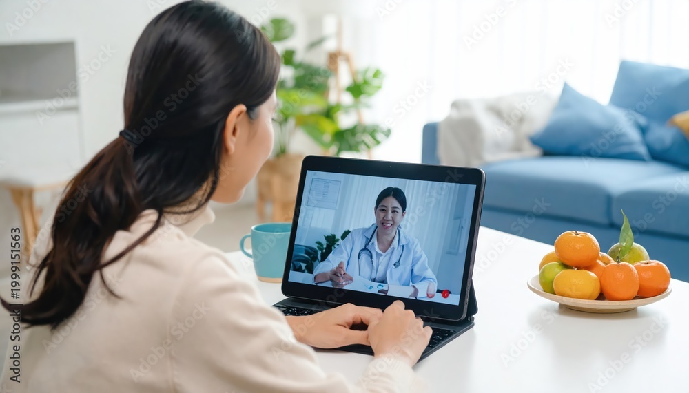 © suryono - Woman having a video call with her doctor at home.