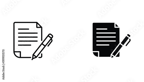 Document and pen icon set representing contract signing and business agreement concepts as high-quality vector graphics for professional office software