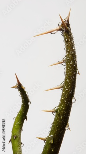 Plant stem with sharp thorns and water droplets