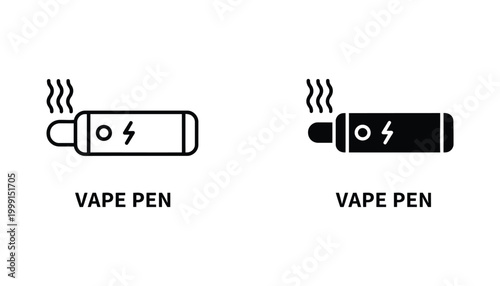 Vape pen device with smoke emission vector icon set in outline and solid black style for vaping product labels and digital interface design elements