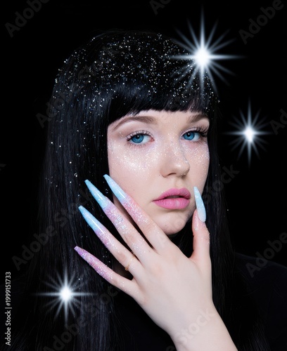 Woman with Glitter Makeup and Long Nails