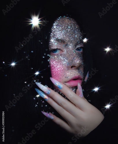 Woman with Glitter Makeup and Starbursts