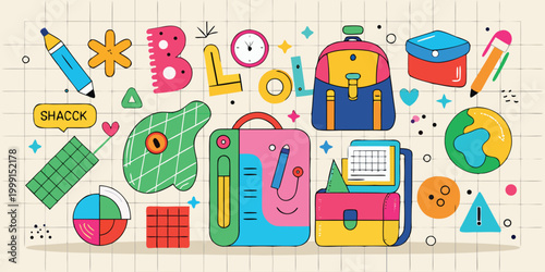 Doodle school supplies and education on grid paper background