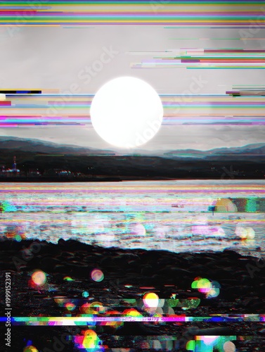 Glitch effect on sunset over water with mountains