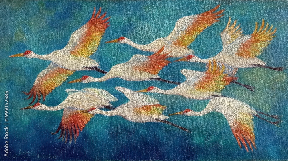Fototapeta premium Painting of cranes flying in formation