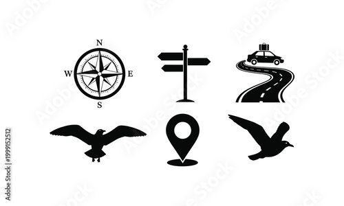 Travel and navigation vector silhouette illustration, journey line art elements collection.
