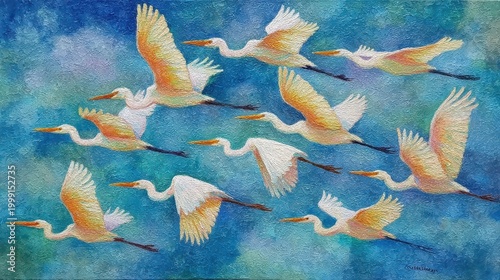 Flock of Egrets Flying in a Blue Sky
