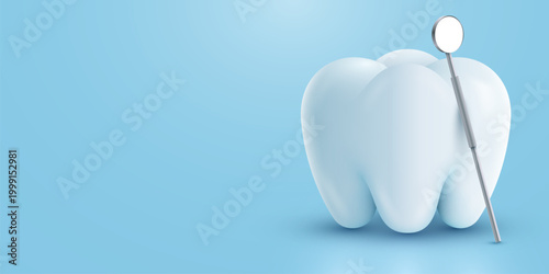 Dental care concept with a large white tooth and dentist mirror.