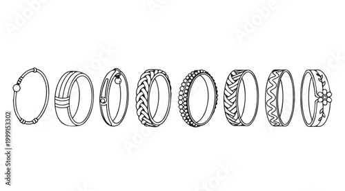 Eight intricately designed bangles arranged in a clean line on a white background