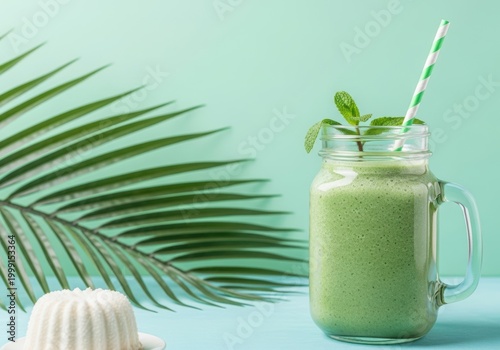 Green smoothie in a mason jar with a straw and palm leaf on a blue background
