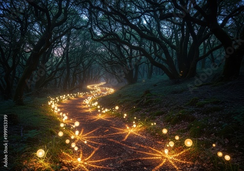 Enchanted forest path illuminated by numerous glowing orbs and magical light trails, creating a mystical and whimsical atmosphere