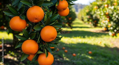 Close up photograph of ripe oranges hanging on a citrus tree branch