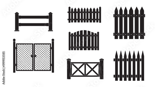 Fence icon set with black picket, mesh gate, and wooden barrier silhouettes for vector style signage designs featuring perimeter, boundary, yard with