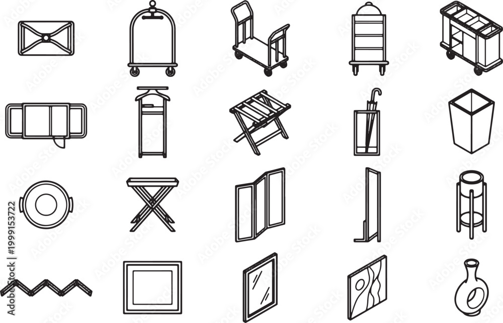 Fototapeta premium A collection of various hotel icons, illustrating a range of service amenities, each uniquely designed in a clean, consistent line style.