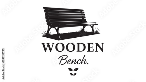 Wooden bench icon with slats, grass base, and premium outdoor logo typography for garden signage and branding featuring slatted wood, rustic,