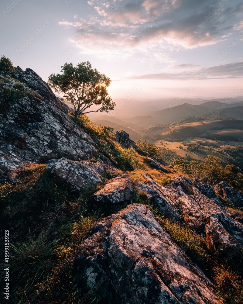 Obraz premium Mountain Landscape at Sunrise with Lone Tree and Dramatic Sky