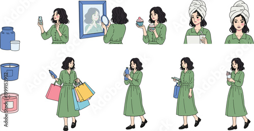 Woman daily lifestyle vector set featuring skincare routine, shopping, self care, mirror reflection, cosmetics and modern female activities, flat illustration collection