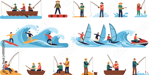 Fishing and water sports vector illustration set featuring anglers, boats, surfing, windsurfing and jet ski activities, outdoor recreation and leisure lifestyle collection