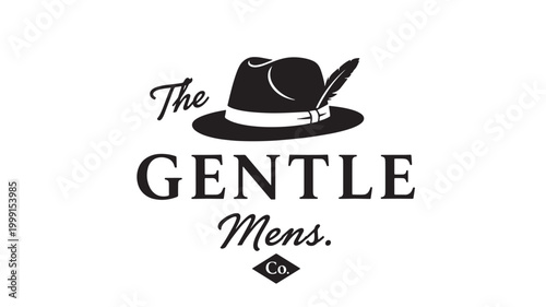 Hat logo for The Gentle Mens fashion brand with fedora silhouette, feather accent, and vintage premium typography featuring men style, ribbon band,