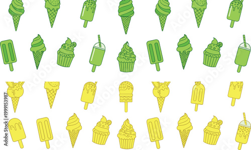 Ice cream and popsicle seamless pattern vector set featuring cones, cupcakes and frozen desserts in green and yellow colors, summer sweet food illustration collection