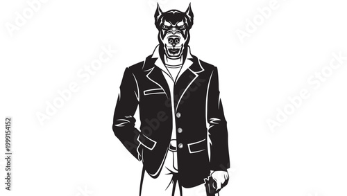 Werewolf character in suit with sharp fangs and stylized black line art, standalone vector portrait for Halloween decor featuring wolfman, horror,