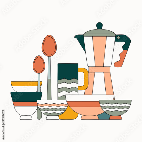 Minimalist Line Art Vector of Modern Kitchenware Set - Retro Style Coffee Maker, Bowls, and Spoons with Earth Tone Color Palette - Scandi Kitchen Illustration