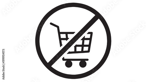 Shopping cart icon with diagonal slash sign for prohibited e-commerce delivery policy compliance in black and white featuring ecommerce, checkout,
