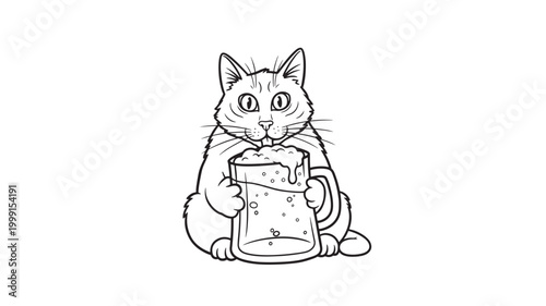 Cat holding a bubbling mug of beer foam in a cute cartoon line art illustration for premium vector branding featuring kitten, bubbly, beverage with