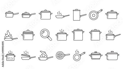 Kitchen cookware line icons set with pots, pans, frying pan, kettle, and steam flame symbols for premium menu design featuring pot, saucepan, teapot