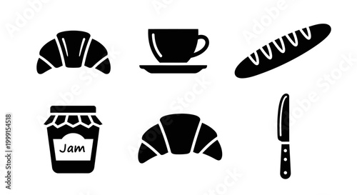 Minimalist monochrome breakfast set Includes croissant, coffee cup with saucer, long bread baguette, jar of jam, another croissant, and a butter knife, all in a flat vector style with solid 