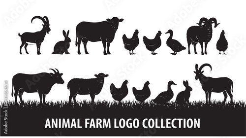Animal farm logo collection with black silhouettes of goats, chickens, and sheep on a white and dark background featuring silhouette, goat, cow with