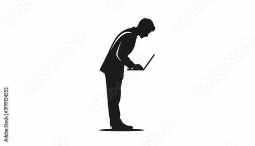 Black silhouette vector illustration of a person staring blankly at a laptop, depicted in a minimalist style against a white background, conveying a sense of focus and determination