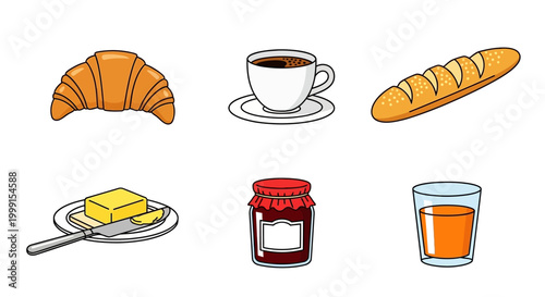A vibrant and cheerful flat illustration depicting a delicious breakfast spread, featuring a croissant, coffee cup, baguette, butter with knife, jam jar, and juice glass, ideal for food-rela