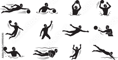 Water Polo Game Actions Vector Set - Player Tactics & Ball Handling Silhouettes.