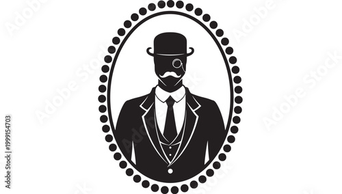 Gentleman avatar emblem with top hat mustache and monocle inside circular dotted frame for luxury branding icon featuring man, bow tie, tuxedo with