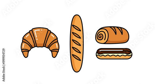 French Bakery Pastries and Bread Vector Illustration Collection