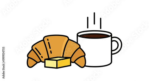 Vector illustration of a fresh croissant with butter and hot coffee