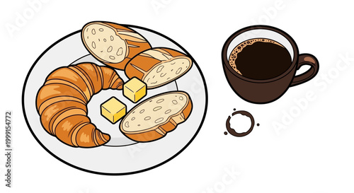 Cartoon Illustration of French Breakfast with Croissant and Coffee