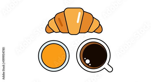 Minimalist breakfast illustration with croissant coffee and juice