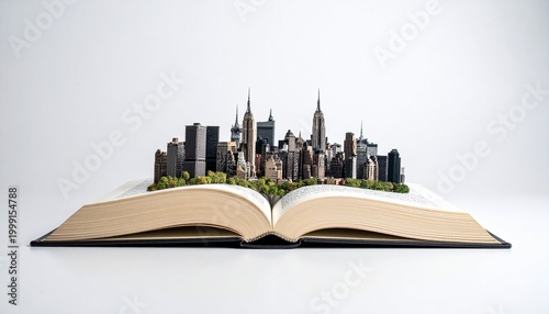 Miniature Cityscape Emerging from Open Book