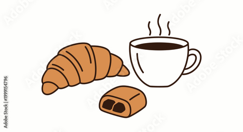 French Breakfast Illustration with Croissant Coffee and Pastry