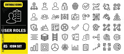 User Roles and Permissions Icon Set – Access Levels, Authorization, Role Management, Security Controls and User Access System Line Icons – Thin Line Editable Stroke Vector Illustration for UI UX, Web 