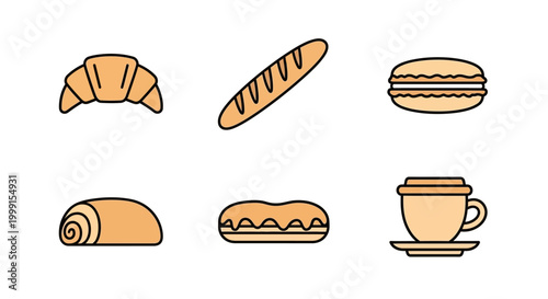 Set of minimalist French bakery and coffee icons on white background