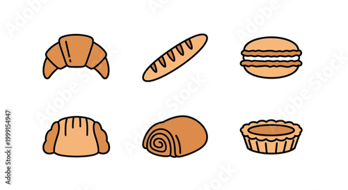 Bakery and Pastry Icon Set with Croissant and Macaron