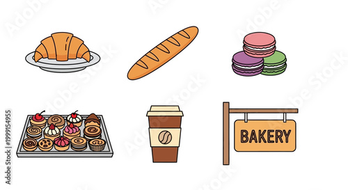 Bakery shop icons set with bread pastries coffee and macarons