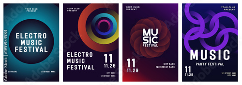 Music poster design background vector set. Electro Sound Cover template with vibrant abstract gradient geometric shape and line wave. Ideal design for social media, flyer, party, music festival, club.