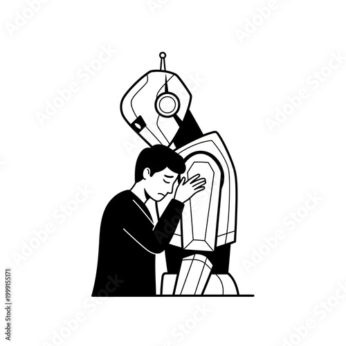 Man interacting with large robot.