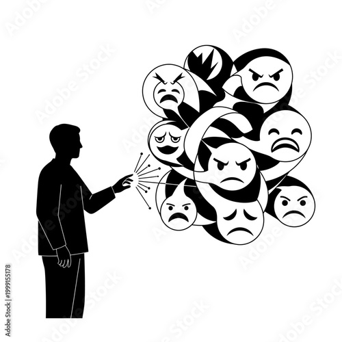 Man releasing multiple angry faces.