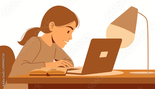 Young girl studying at a desk with a laptop and lamp, illuminated by warm light, focusing on her digital learning