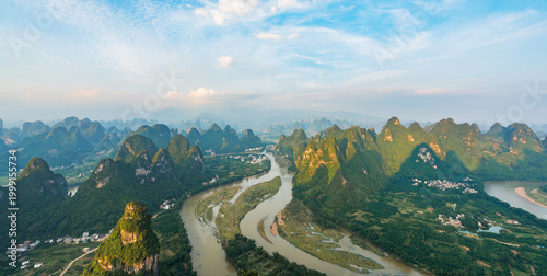 Sunrise over Damian Mountain on the Li River in Xingping, Yangshuo, Guilin